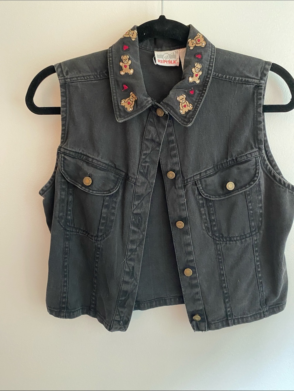 Vintage 90s Denim Republic Black Denim Vest with Embroidered Teddy Collar. Small